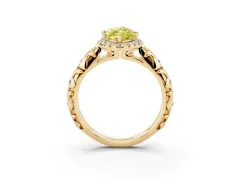 Fancy Yellow Marquise Cut Diamond Halo Ring Set in Yellow gold with Filigree Leaf Band and Prong Setting