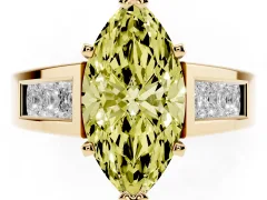 Fancy Yellow Marquise Cut Diamond Solitaire Ring Set in Yellow gold with Channel-Set Accent Stones and Prong Setting