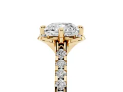 Cushion Cut Diamond Solitaire Ring Set in Yellow gold with Pavé Band and Floral Prong Setting