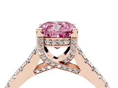 Fancy Pink Cushion Cut Diamond Solitaire Ring Set in Rose gold with Brilliant Pavé Band and Prong Setting
