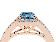 Fancy Blue Emerald Cut Diamond Halo Split Shank Pavé Ring Set in Rose gold with Prong Setting