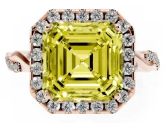 Fancy Yellow Asscher Cut Diamond Halo Twist Band Solitaire Ring Set in Rose gold with Prong Setting