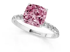 Fancy Pink Cushion Cut Diamond Solitaire Engagement Ring Set in Silver with Round Pavé Band and Prong Setting