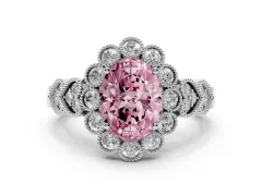 Fancy Pink Oval Cut Diamond Solitaire Ring Set in Silver with Milgrain Pavé Heart Band