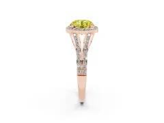 Fancy Yellow Round Cut Diamond Halo Split Shank Ring Set in Rose gold with Accent Stones and Prong Setting