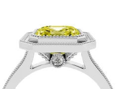 Fancy Yellow Asscher Cut Diamond Halo Milgrain Pavé Band Ring Set in Silver with Prong Setting