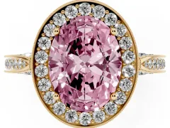 Fancy Pink Oval Cut Diamond Halo Engagement Ring Set in Yellow gold with Accent Split Shank Band