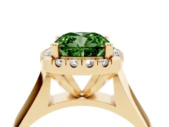Fancy Green Cushion Cut Diamond Halo Solitaire Engagement Ring Set in Yellow gold with Square Band and Prong Setting