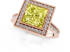 Fancy Yellow Princess Cut Diamond Halo Milgrain Pavé Band Ring Set in Rose gold with Prong Setting