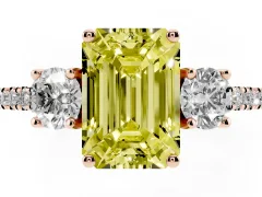 Fancy Yellow Emerald Cut Diamond Three-Stone Ring Set in Rose gold with Pavé Band and Graduated Sides