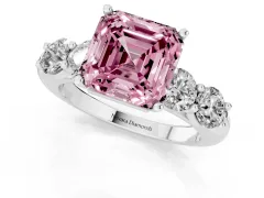 Fancy Pink Asscher Cut Diamond Five-Stone Prong Set Ring Set in Platinum with Classic Band