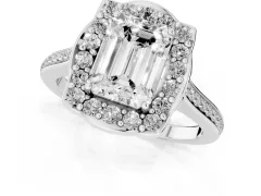Emerald Cut Diamond Halo Ring Set in White gold with Pavé-Lined Shoulders and Prong Setting