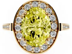 Fancy Yellow Oval Cut Diamond Halo Ring Set in Yellow gold with Accent-Lined Split Shank and Prong Setting