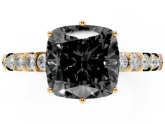 Fancy Black Cushion Cut Diamond Solitaire Engagement Ring Set in Yellow gold with Pavé Band and Prong Setting