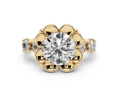 Round Cut Diamond Floral Halo Ring Set in Yellow gold with Shared Prong Band