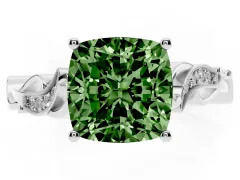 Fancy Green Cushion Cut Diamond Vine Band Solitaire Ring Set in Platinum with Milgrain Prong Setting