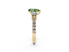 Fancy Green Pear Cut Diamond Three-Stone Ring Set in Yellow gold with Round Side Stones and Delicate Pavé Band