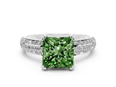Fancy Green Princess Cut Diamond Solitaire Ring Set in White gold with Multi-Row Round Pavé Band and Prong Setting