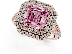 Fancy Pink Asscher Cut Diamond Double Halo Ring Set in Rose gold with Pavé Band