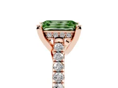 Fancy Green Emerald Cut Diamond Solitaire Ring Set in Rose gold with Brilliant Pavé Band and Prong Setting