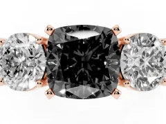 Fancy Black Cushion Cut Diamond Three-Stone Ring Set in Rose gold with Round Side Stones and Classic Band