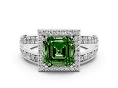 Fancy Green Asscher Cut Diamond Halo Ring Set in White gold with Double Pavé Split Shank