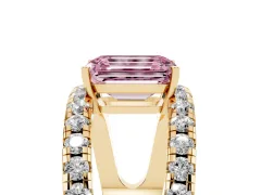 Fancy Pink Emerald Cut Diamond Split Shank Pavé Solitaire Ring Set in Yellow gold with Open Shank Design