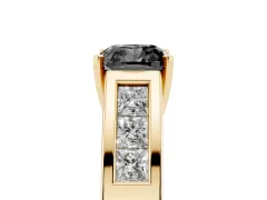 Fancy Black Cushion Cut Diamond Solitaire Ring Set in Yellow gold with Channel-Set Accent Stones and Prong Setting