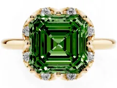 Fancy Green Asscher Cut Diamond Round Cluster Halo Ring Set in Yellow gold with Solitaire Band and Prong Setting