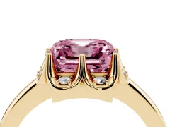 Fancy Pink Asscher Cut Diamond Round Cluster Halo Ring Set in Yellow gold with Solitaire Band and Prong Setting