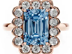 Fancy Blue Emerald Cut Diamond Halo Cluster Engagement Ring Set in Rose gold with Solitaire Band and Prong Setting