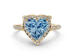 Fancy Blue Heart Cut Diamond Halo Ring Set in Yellow gold with Pavé-Lined Shoulders and Prong Setting