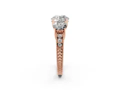 Round Cut Diamond Three-Stone Engagement Ring Set in Rose gold with Milgrain Pavé Band