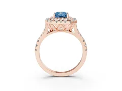 Fancy Blue Radiant Cut Diamond Double Halo Ring Set in Rose gold with Pavé Split Shank and Prong Setting