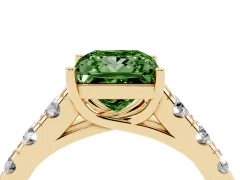 Fancy Green Princess Cut Diamond Solitaire Ring Set in Yellow gold with Cut-Down Micro Pavé Band and Prong Setting