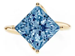 Fancy Blue Princess Cut Diamond Solitaire Engagement Ring Set in Yellow gold with Classic Plain Band