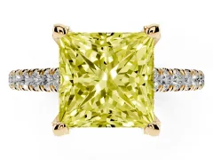 Fancy Yellow Princess Cut Diamond Solitaire Ring Set in Yellow gold with Brilliant Pavé Band and Prong Setting
