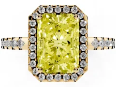 Fancy Yellow Radiant Cut Diamond Halo Ring Set in Yellow gold with Pavé Shoulders and Halo-Framed Center