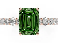 Fancy Green Emerald Cut Diamond Solitaire Ring Set in Rose gold with Shared Prong Pavé Band