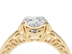 Cushion Cut Diamond Halo Ring Set in Yellow gold with Channel Set Band and Prong Setting