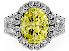 Fancy Yellow Oval Cut Diamond Halo Split Shank Ring Set in Platinum with Round Accent Stones and Prong Setting