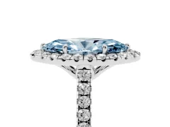 Fancy Blue Marquise Cut Diamond Pavé Halo Engagement Ring Set in Platinum with Pavé Band and Prong Setting