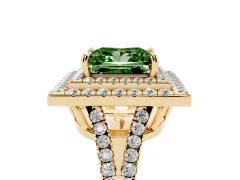 Fancy Green Princess Cut Diamond Double Halo Ring Set in Yellow gold with Pavé Band