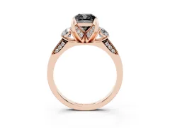 Fancy Black Cushion Cut Diamond Three-Stone Ring Set in Rose gold with Pavé Band and Smaller Side Stones