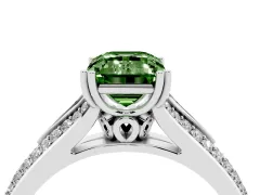 Fancy Green Emerald Cut Diamond Split Shank Pavé Engagement Ring Set in White gold with Prong-Set Center Stone