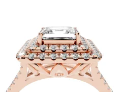 Asscher Cut Diamond Double Halo Ring Set in Rose gold with Pavé Split Shank and Prong Setting