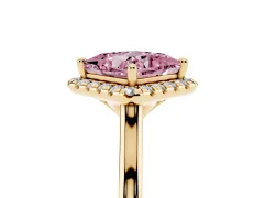 Fancy Pink Princess Cut Diamond Halo Engagement Ring Set in Yellow gold with Pavé Band and Rising Shoulders