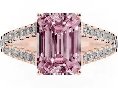 Fancy Pink Emerald Cut Diamond Split Shank Pavé Engagement Ring Set in Rose gold with Prong-Held Center Stone