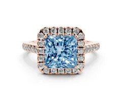 Fancy Blue Princess Cut Diamond Halo Pavé Engagement Ring Set in Rose gold with Prong Setting