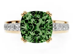 Fancy Green Cushion Cut Diamond Channel Set Solitaire Engagement Ring Set in Yellow gold with Prong Setting
